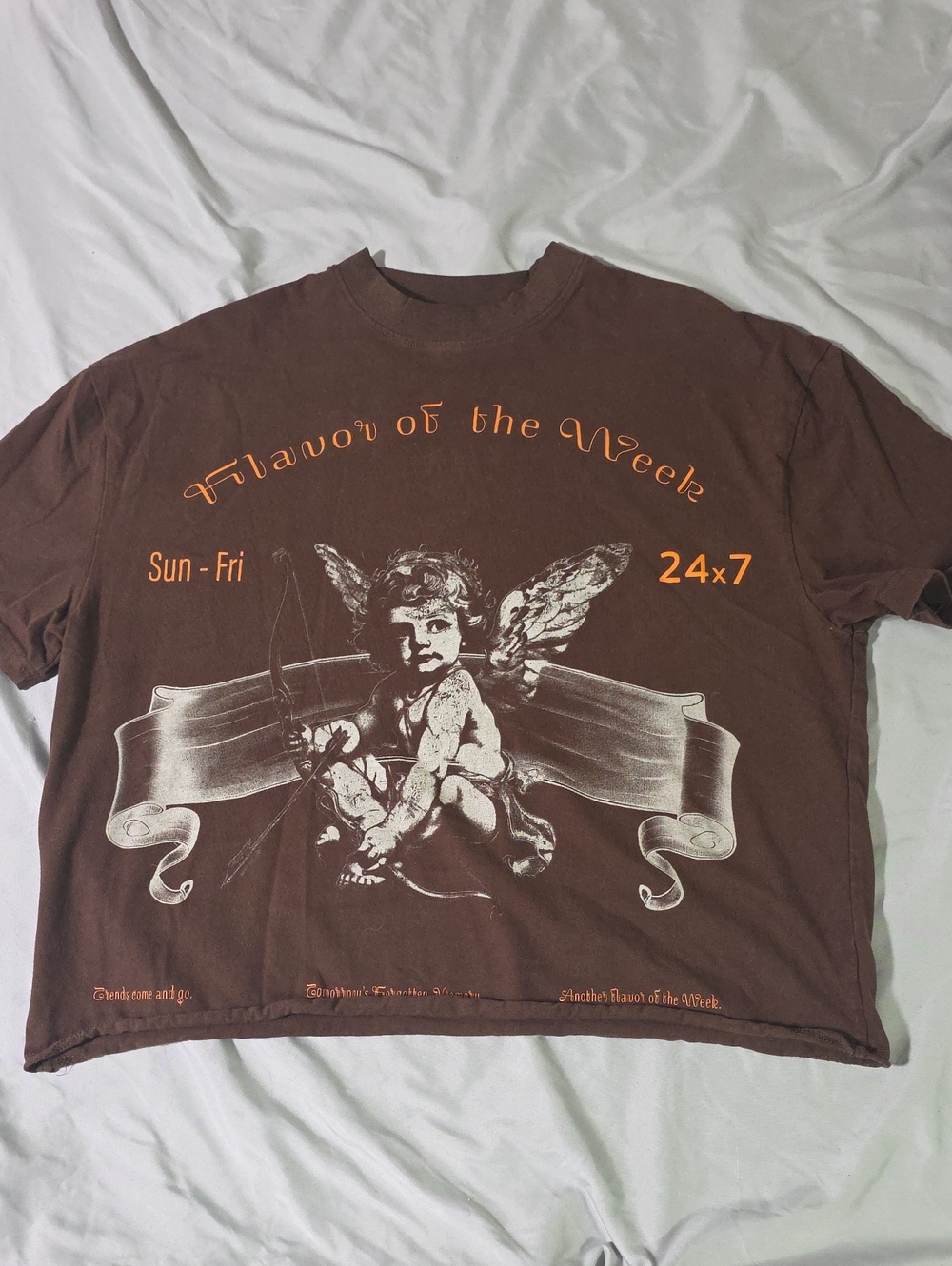 PacSun Brown Short Sleeve Tee with Orange Script & Cream Cherub
